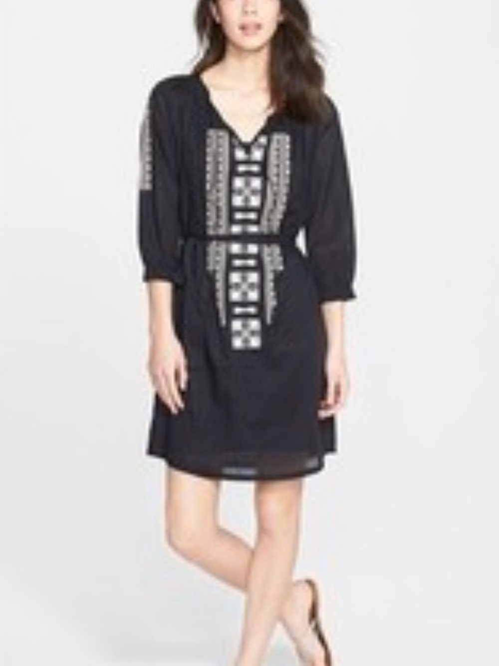 CASLON Cotton Boho White Embroidered Peasant Tie Waist Dress w/ Slip, Size S,NWT